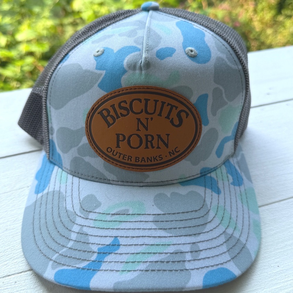 Richardson 112PFP Biscuits N Porn Outer Banks NC Trucker Hat Blue Camo Mesh